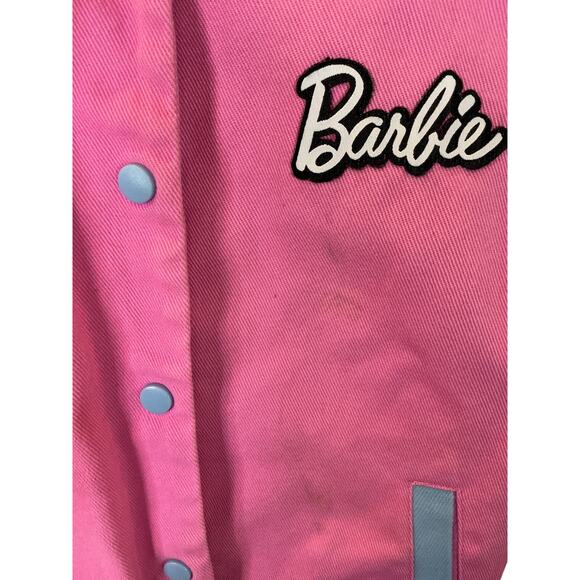 Barbie Pink Varsity Jacket Snap Front Racing Patches Girls 5–6 - Picture 2 of 7